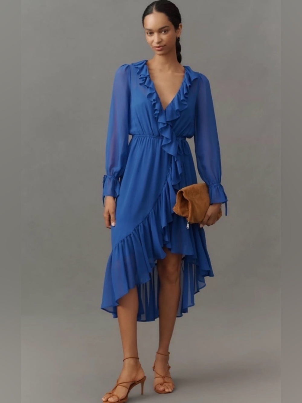NWT Anthropologie Cobalt Blue Ruffle Wrap High Low Midi Dress XS